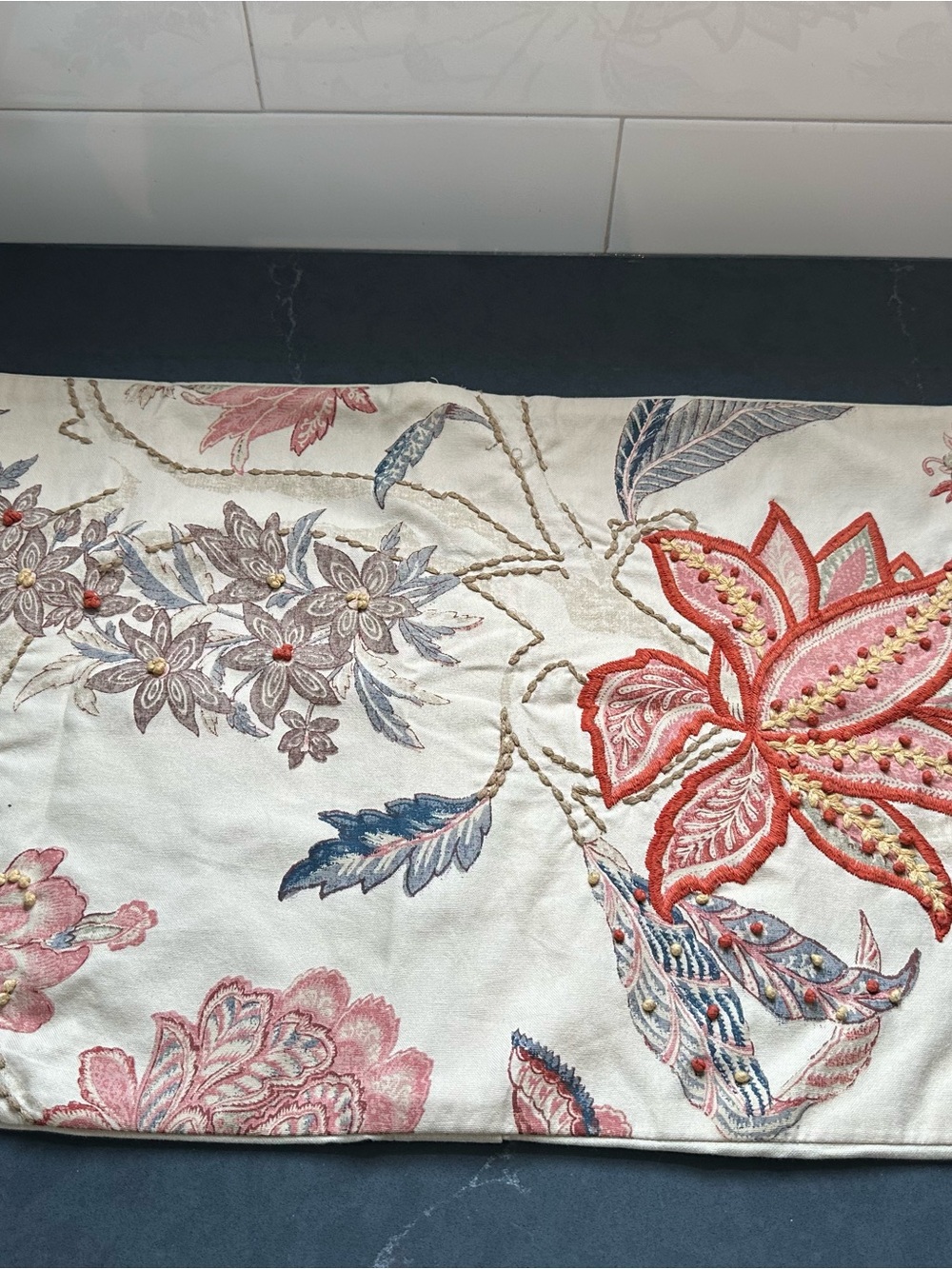 Pottery Barn Embroidered Floral Pillow Cover in Cream and Coral